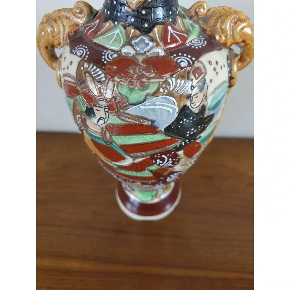 Vintage Japanese Satsuma Moriage Vase Floral Double Handle Hand Painted 12